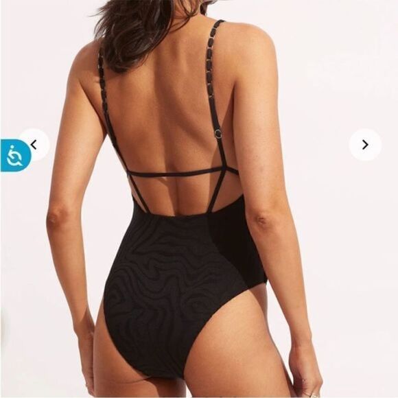 Anthropologie x Seafolly Second Wave V Neck One Piece Swimsuit Black US 6 NWT - Picture 3 of 10